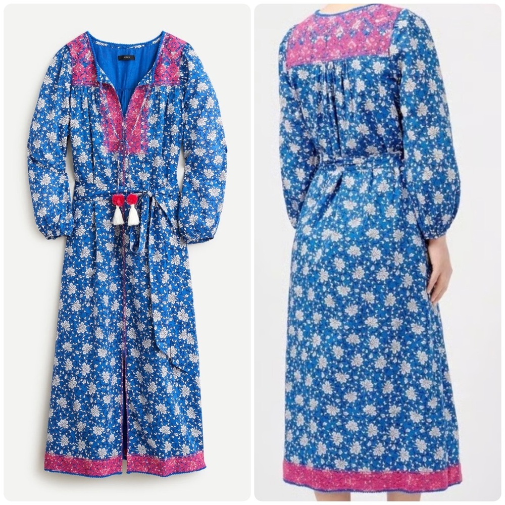 Blue Floral Long-Sleeve Maxi Dress with Pink Accent